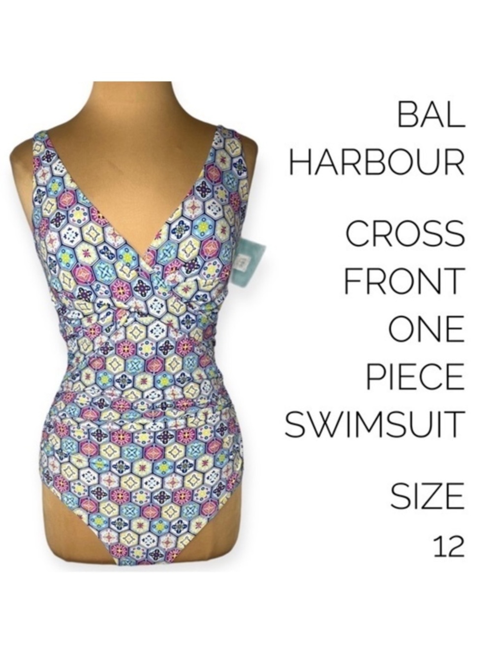 Bal Harbour Cross-Front One-Piece Swimsuit size 12 blue pink yellow white